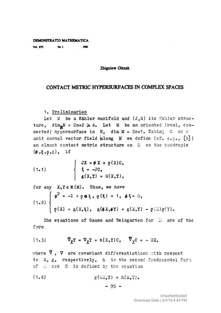 Pdf Contact Metric Hypersurfaces In Complex Spaces