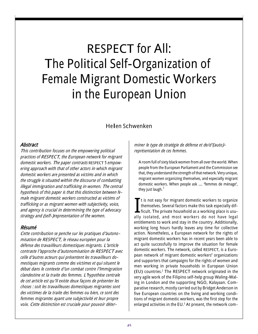 Pdf Respect For All The Political Self Organization Of Female Migrant Domestic Workers In The European Union