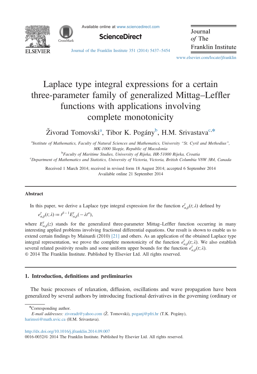 Pdf Laplace Type Integral Expressions For A Certain Three Parameter Family Of Generalized Mittag Leffler Functions With Applications