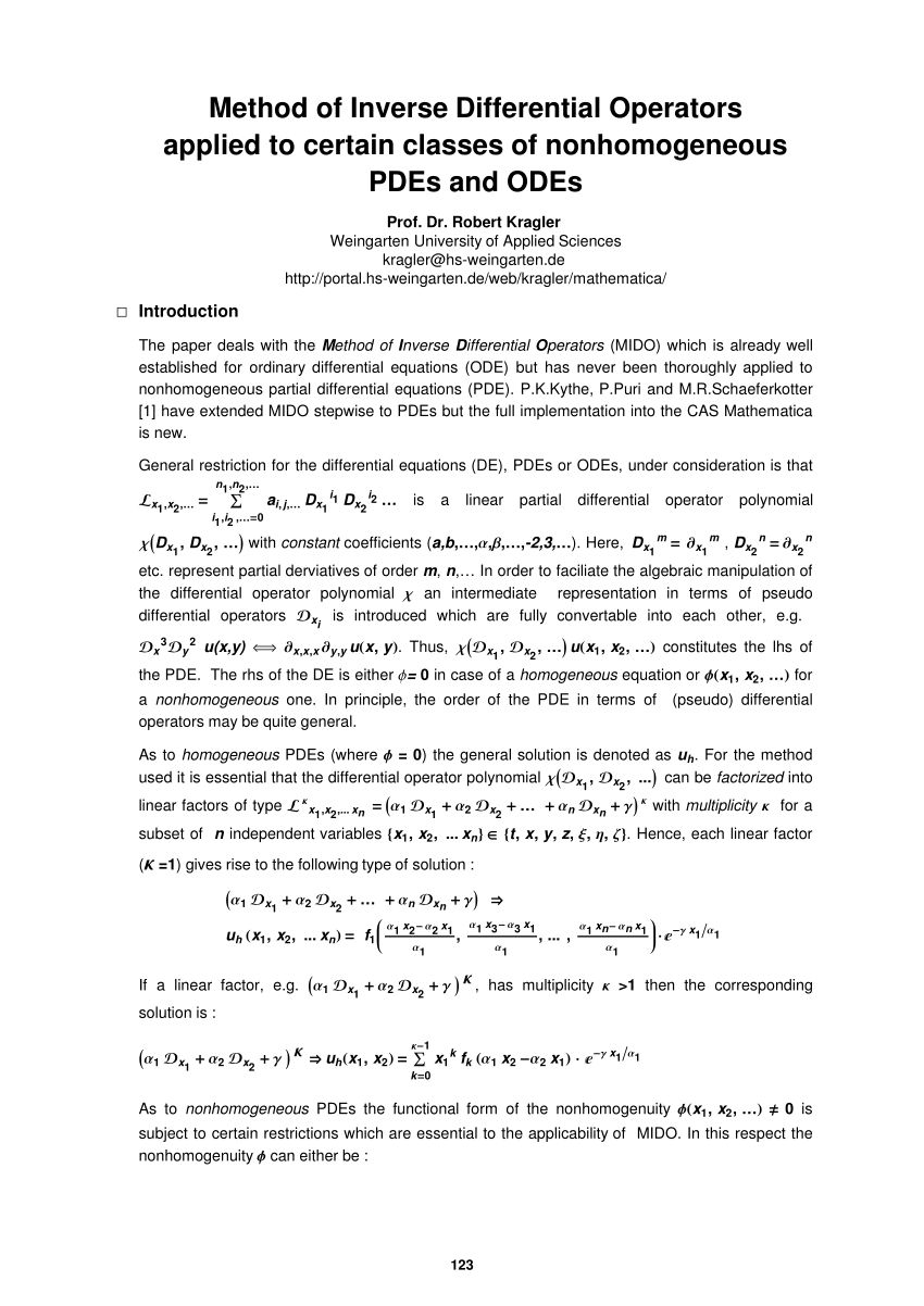 Pdf Method Of Inverse Differential Operators Applied To Certain Classes Of Nonhomogeneous Pdes And Odes