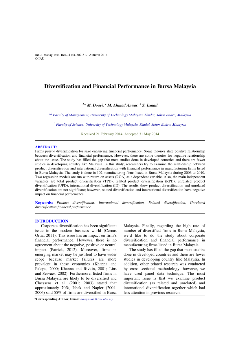 Pdf Diversification And Financial Performance In Bursa Malaysia