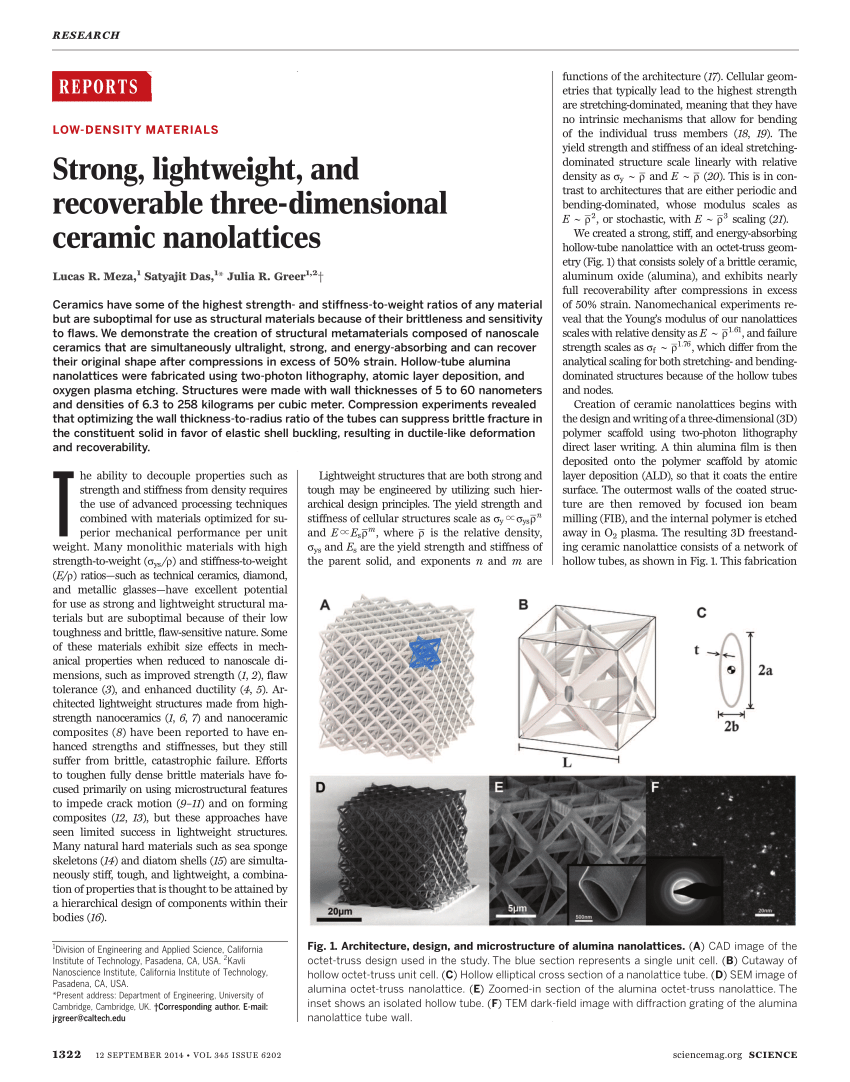 (PDF) Strong, lightweight, and recoverable threedimensional ceramic nanolattices