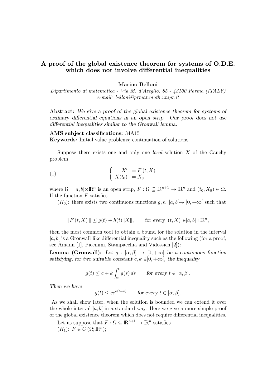 Pdf A Proof Of The Global Existence Theorem For Systems Of O D E Which Does Not Involve Differential Inequalities