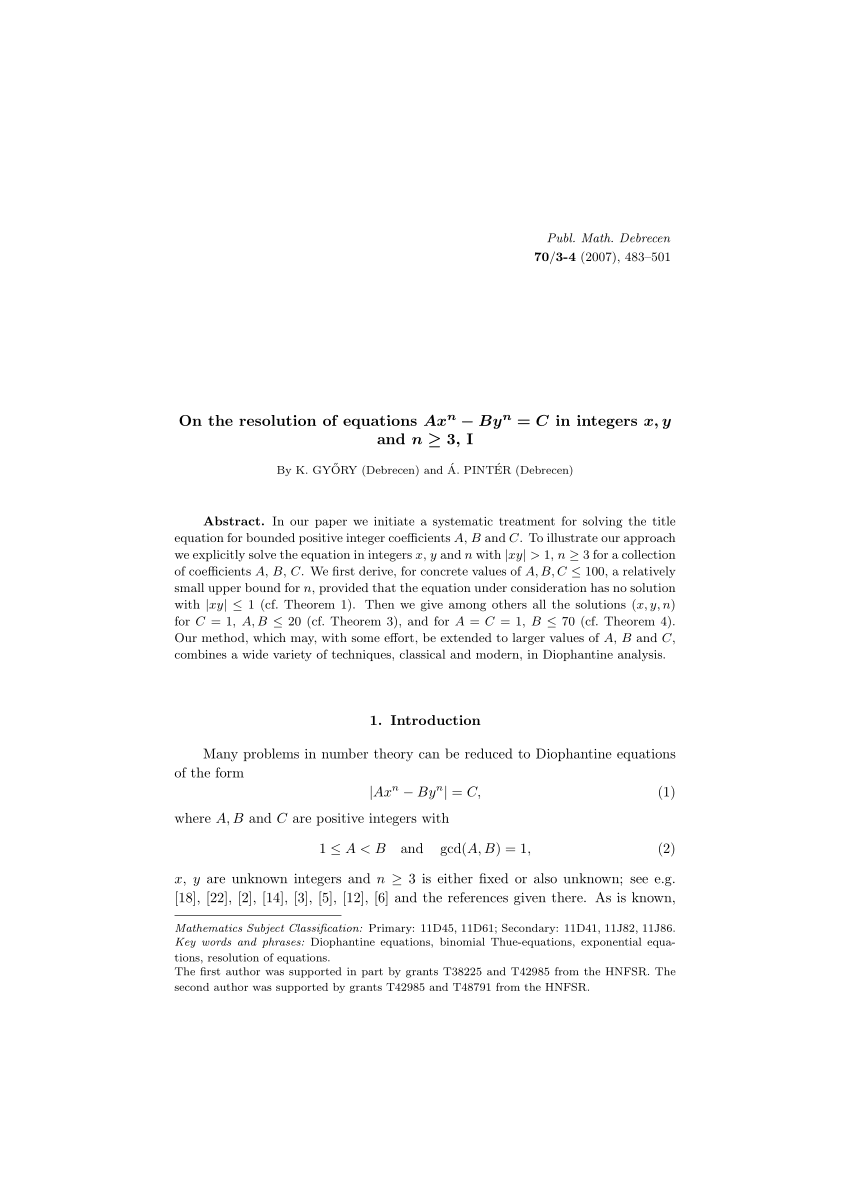 Pdf On The Resolution Of Equations Ax N By N C In Integers X Y And N 3 I