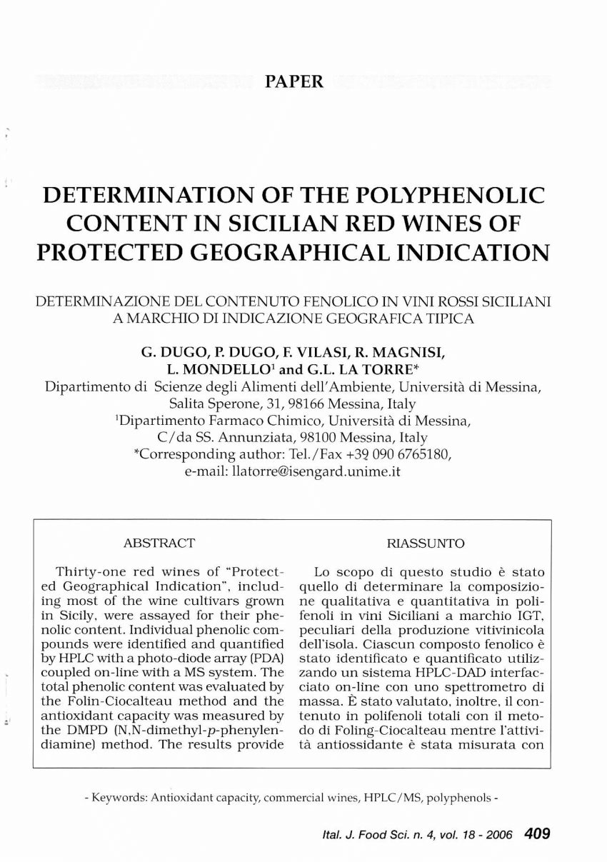 Pdf Determination Of The Polyphenolic Content In Sicilian Red Wines Of Protected Geographical Indication