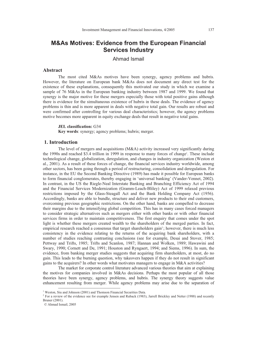 (PDF) M&As Motives: Evidence from the European Financial ...