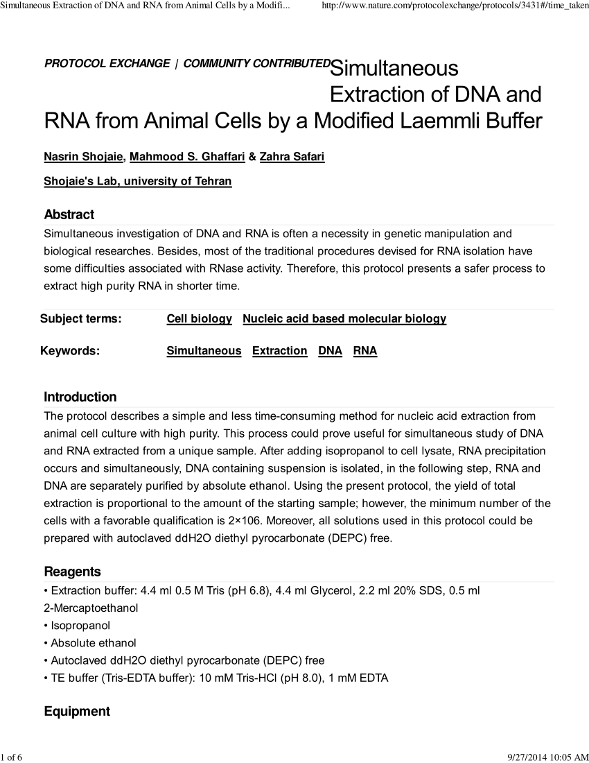 PDF) Simultaneous Extraction of DNA and RNA from Animal Cells by a Modified  Laemmli Buffer