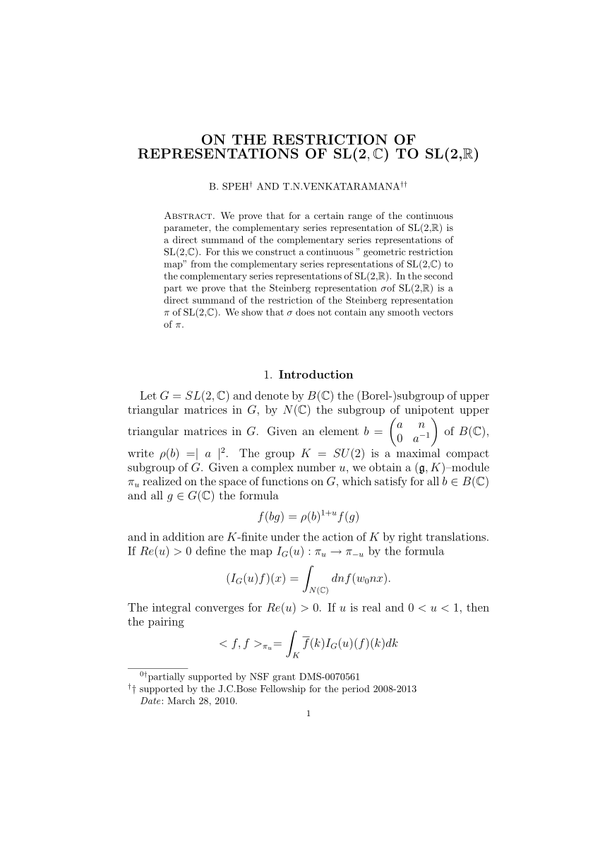 PDF) On the restriction of representations of SL(2, ℂ) to SL(2, ℝ)