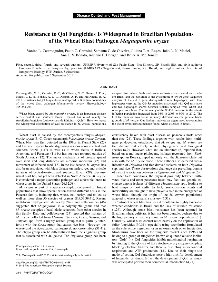 Pdf Resistance To Qoi Fungicides Is Widespread In Brazilian Populations Of The Wheat Blast Pathogen Magnaporthe Oryzae