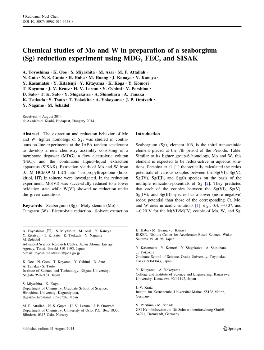 Pdf Chemical Studies Of Mo And W In Preparation Of A Seaborgium Sg Reduction Experiment Using Mdg Fec And Sisak