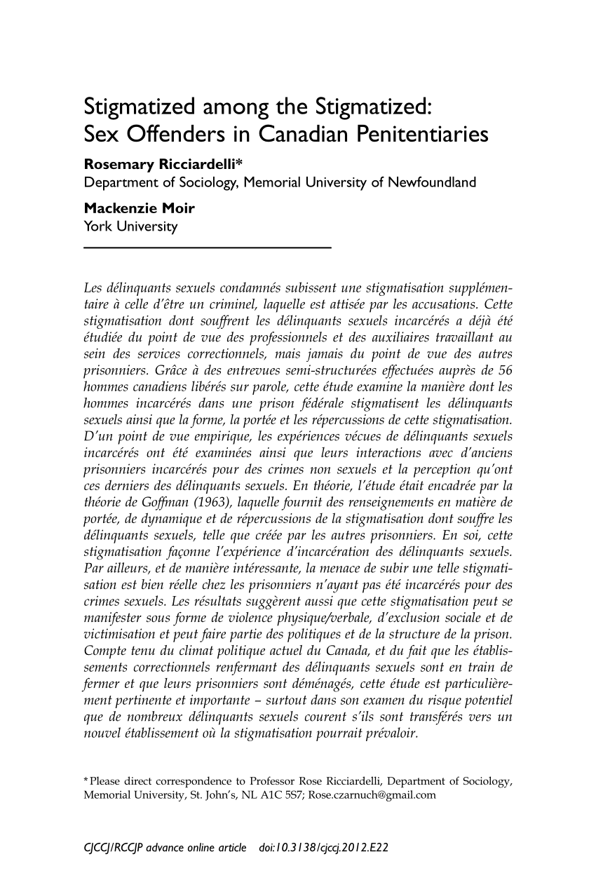 PDF) Stigmatized among the Stigmatized: Sex Offenders in Canadian  Penitentiaries