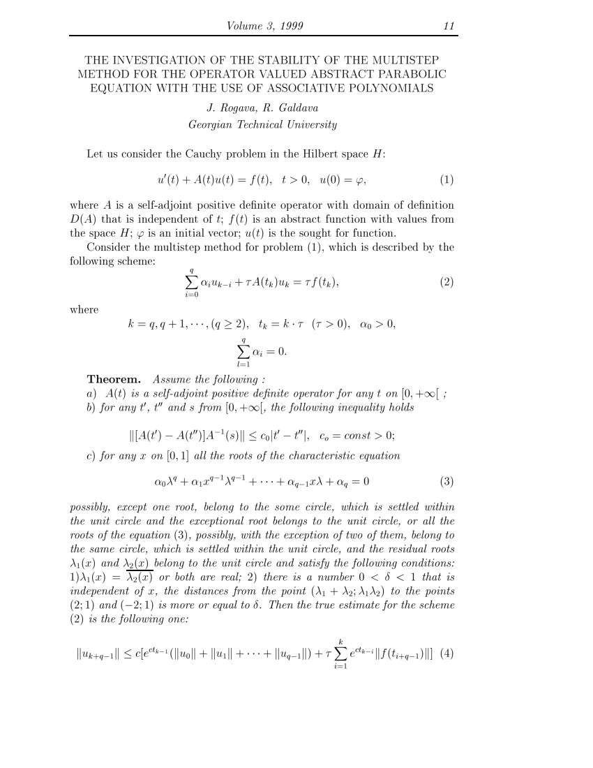 Pdf The Investigation Of The Stability Of The Multistep Method For The Operator Valued Abstract Parabolic Equation With The Use Of Associative Polynomials