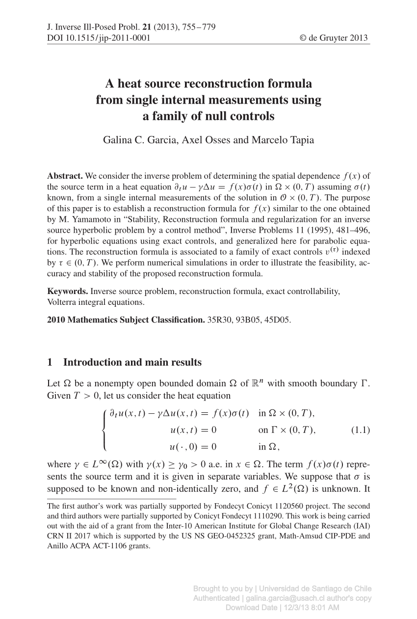 Pdf A Heat Source Reconstruction Formula From Single Internal Measurements Using A Family Of Null Controls