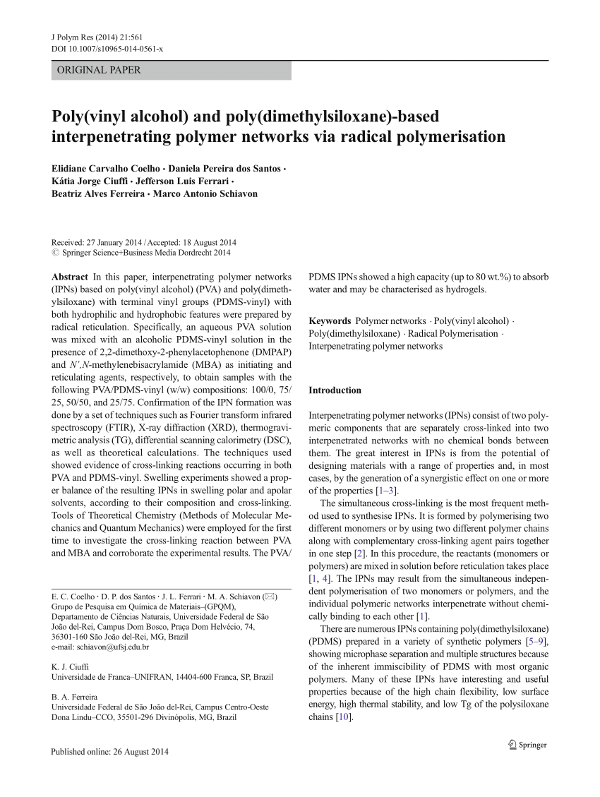Pdf Poly Vinyl Alcohol And Poly Dimethylsiloxane Based Interpenetrating Polymer Networks Via Radical Polymerisation