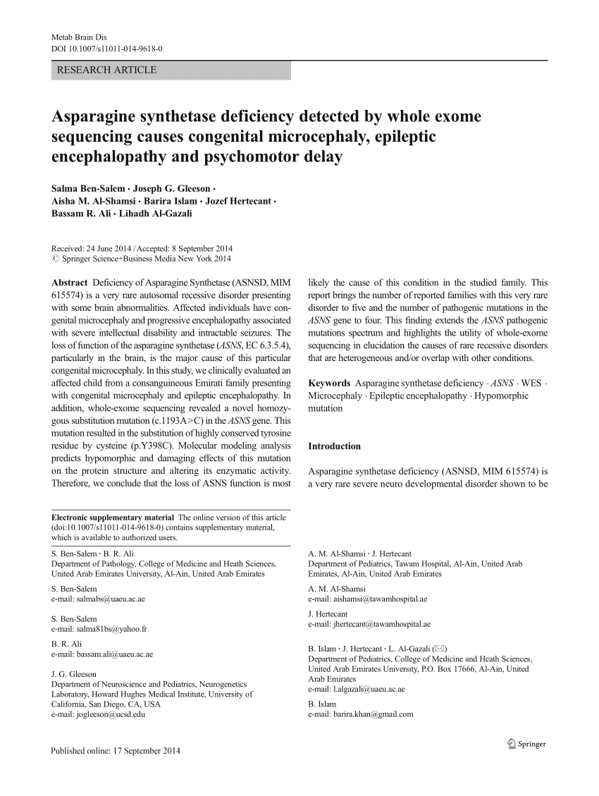 Pdf Asparagine Synthetase Deficiency Detected By Whole Exome Sequencing Causes Congenital Microcephaly Epileptic Encephalopathy And Psychomotor Delay