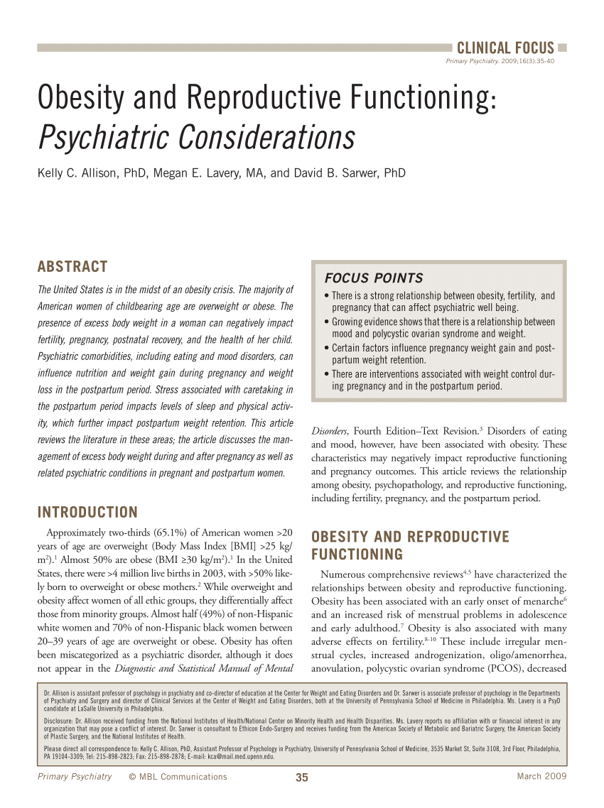 Pdf Obesity And Reproductive Functioning Psychiatric Considerations