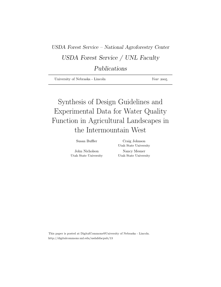Pdf Synthesis Of Design Guidelines And Experimental Data For Water Quality Function In Agricultural Landscapes In The Intermountain West
