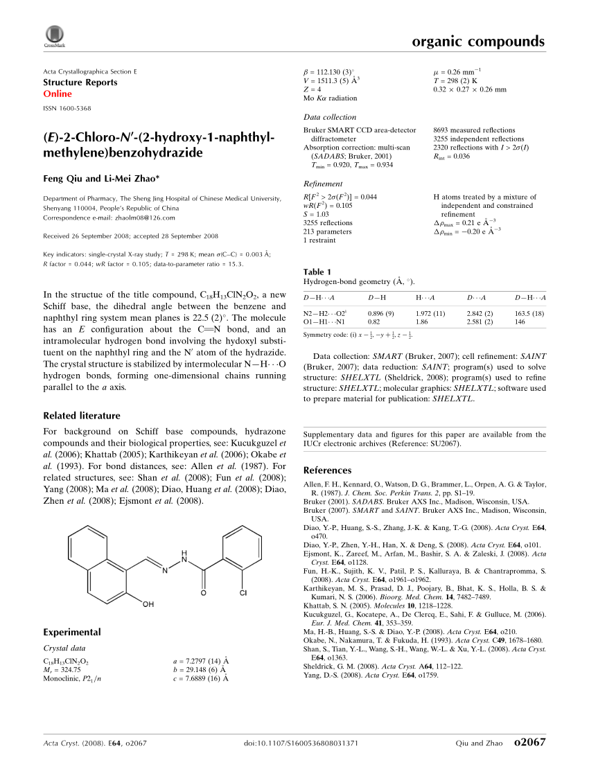 Pdf E 2 Chloro N 2 Hydroxy 1 Naphthylmethylene Benzohydrazide