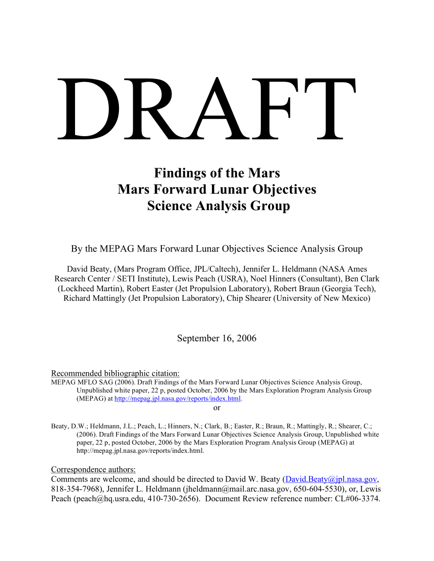 Pdf Findings Of The Mars Mars Forward Lunar Objectives Science Analysis Group By The Mepag Mars Forward Lunar Objectives Science Analysis Group