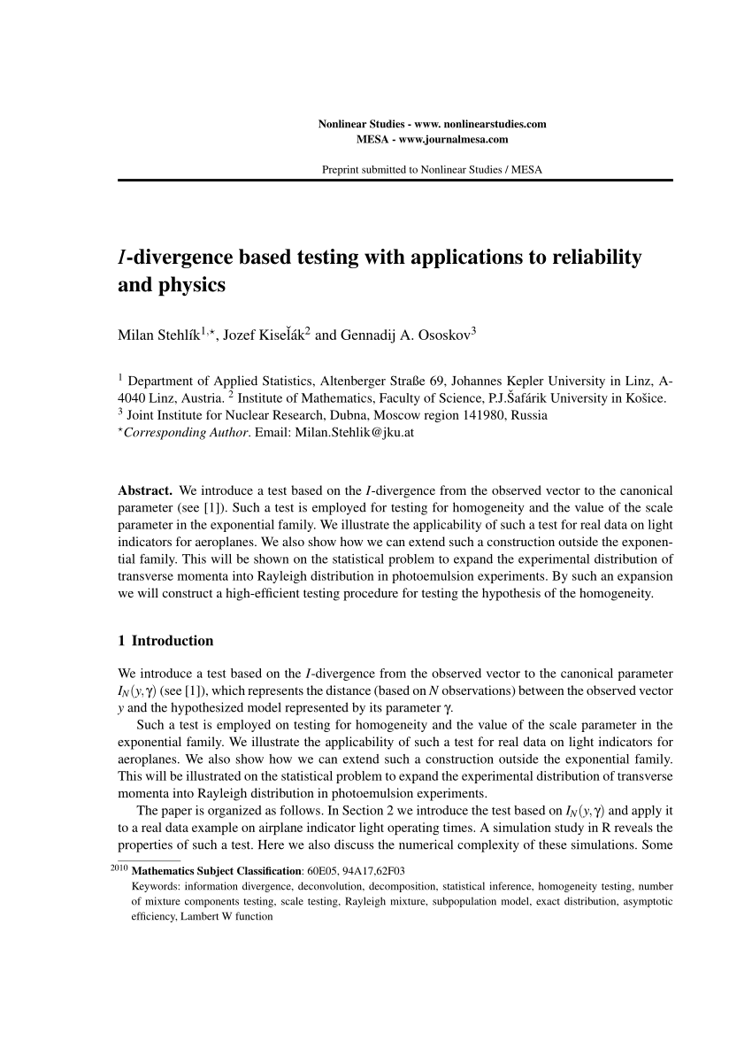 Pdf I Divergence Based Testing With Applications To Reliability And Physics