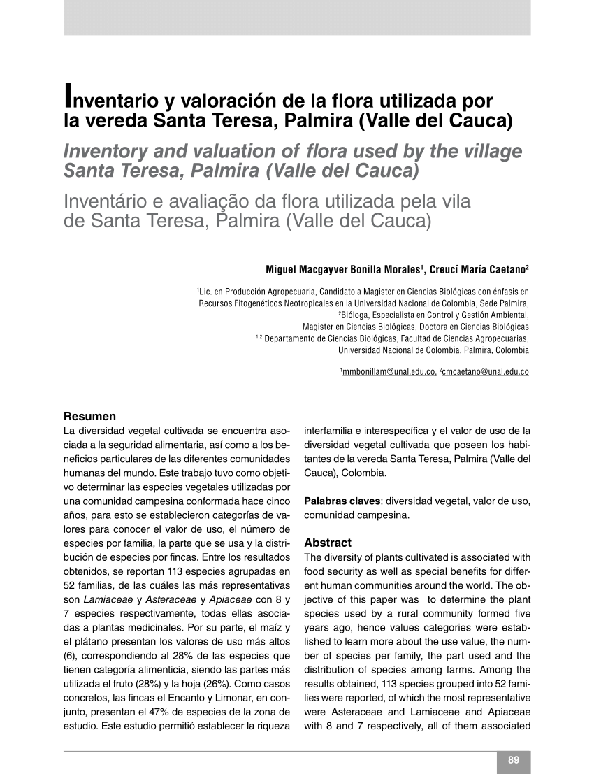 PDF) Inventario y valoración de la flora utilizada por la vereda Santa  Teresa, Palmira (Valle del Cauca)