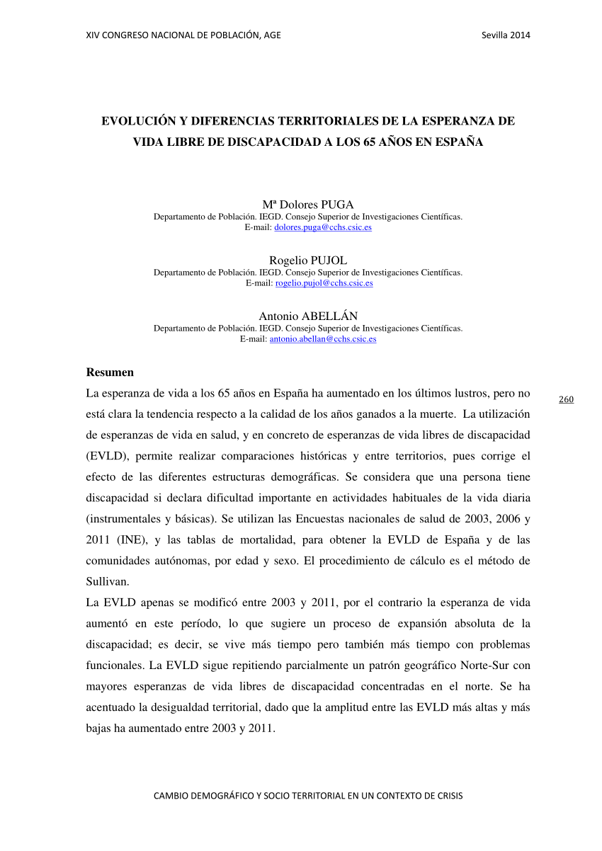 Pdf Evolución Y Diferencias Terrioriales De La Esperanza De Vida Libre De Discapacidad A Los 9225