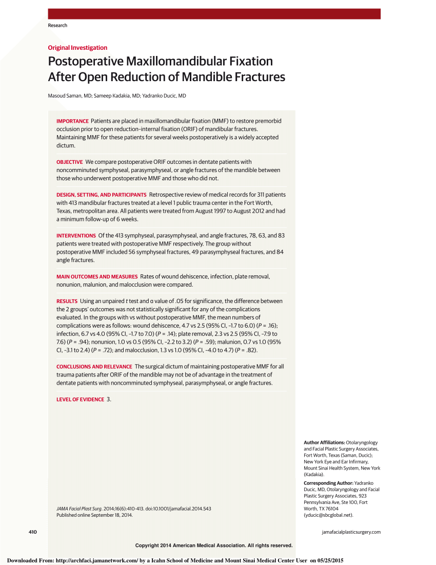 PDF) Postoperative Maxillomandibular Fixation After Open Reduction of Mandible  Fractures