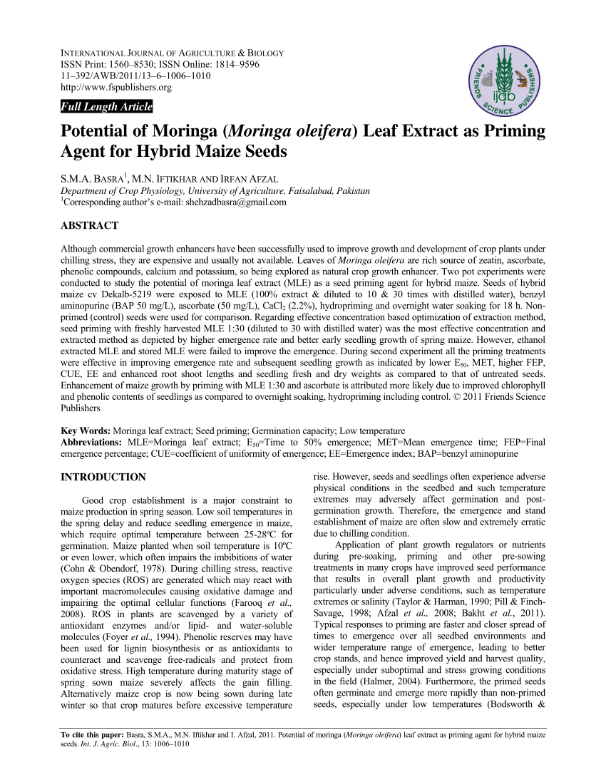 Pdf Potential Of Moringa Moringa Oleifera Leaf Extract As Priming Agent For Hybrid Maize Seeds