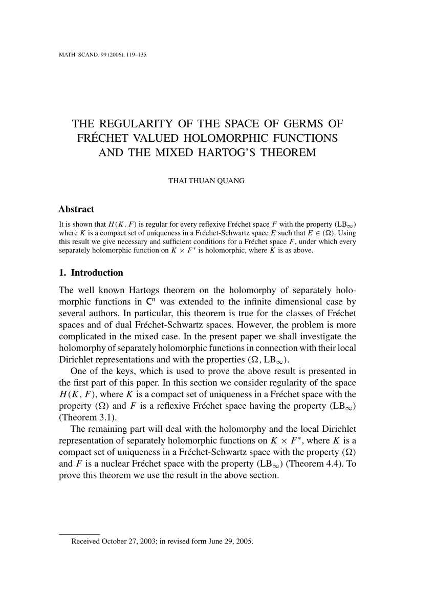 Pdf The Regularity Of The Space Of Germs Of Frechet Valued Holomorphic Functions And The Mixed Hartog S Theorem