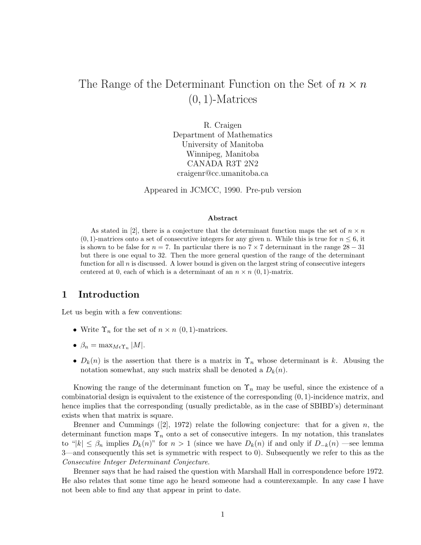 Pdf The Range Of The Determinant Function On The Set Of N N 0 1 Matrices