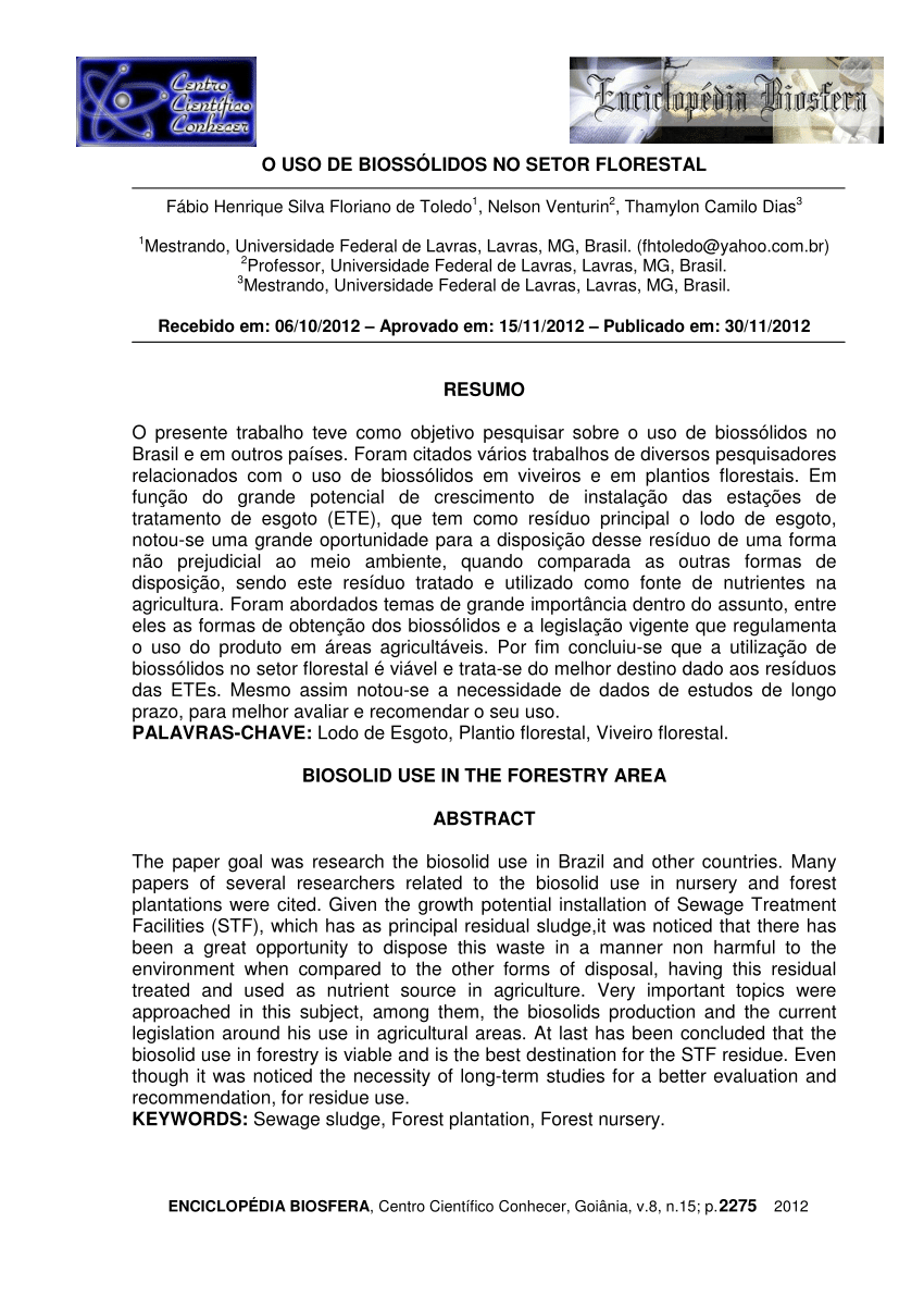 PDF) Uso agrícola de resíduos orgânicos potencialmente poluentes:  Propriedades químicas do solo e produção vegetal