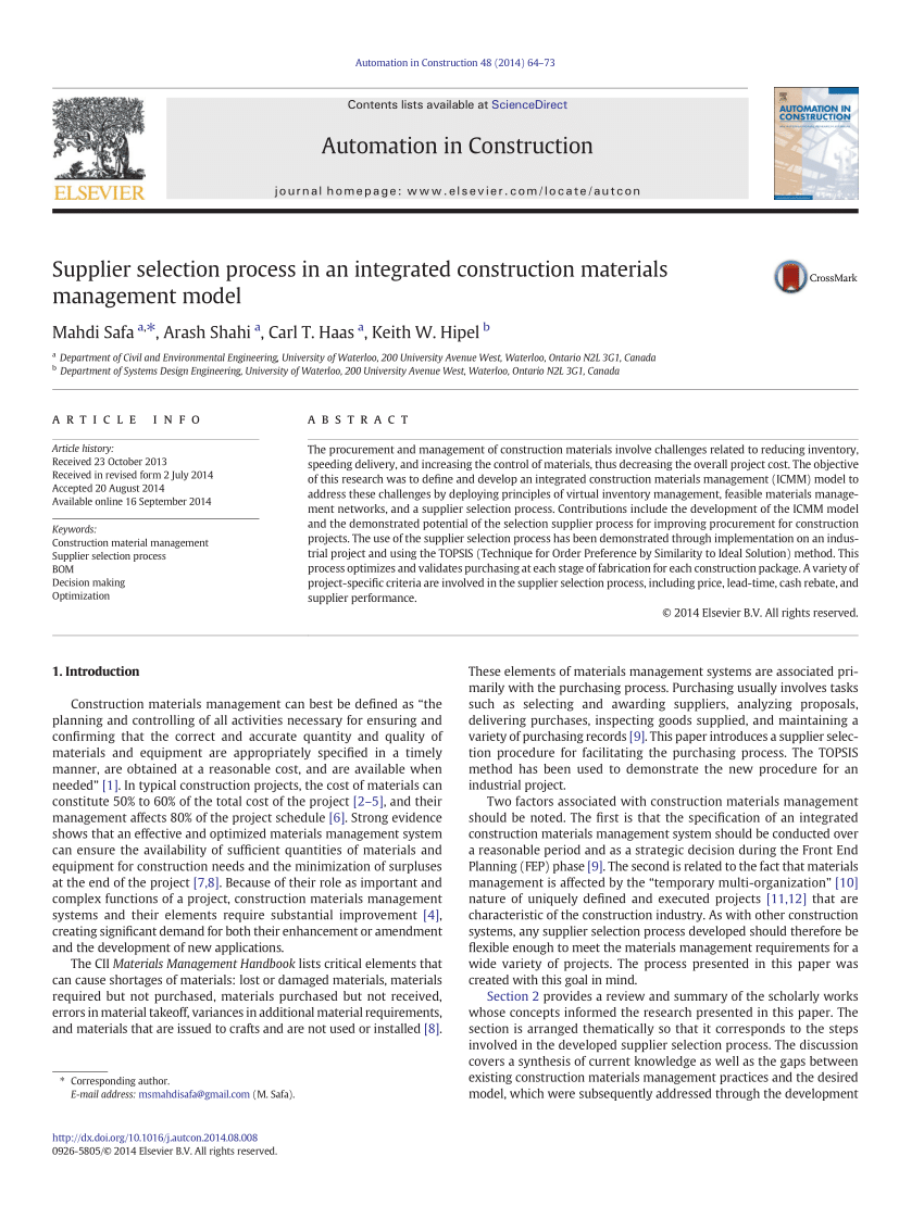 Pdf Supplier Selection Process In An Integrated Construction Materials Management Model