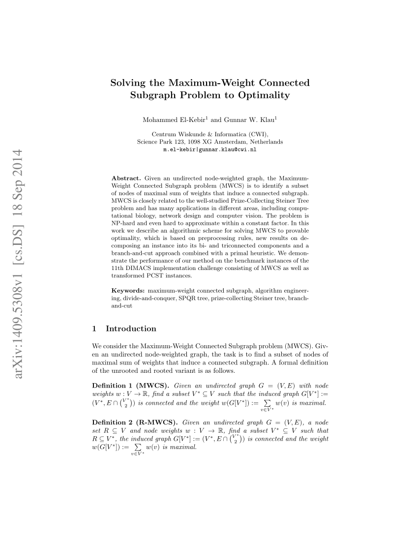 Pdf Solving The Maximum Weight Connected Subgraph Problem To Optimality