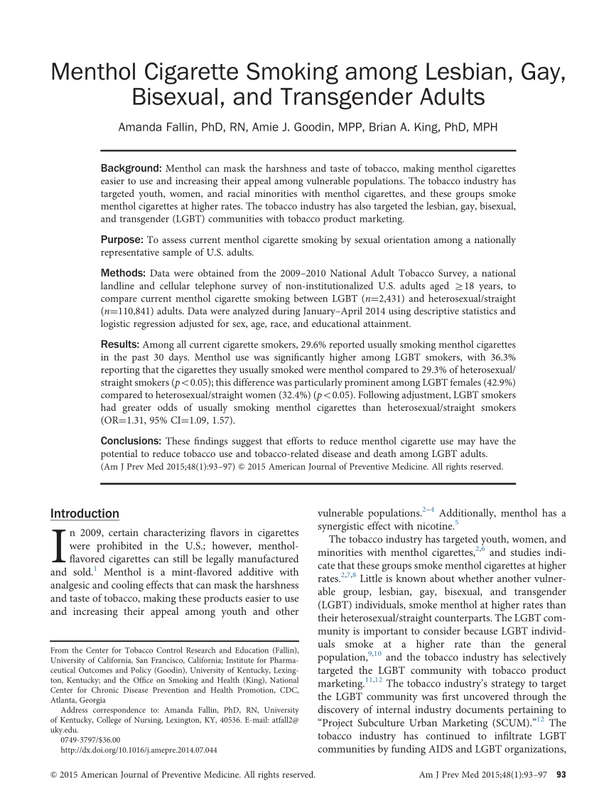 PDF) Menthol Cigarette Smoking among Lesbian, Gay, Bisexual, and  Transgender Adults