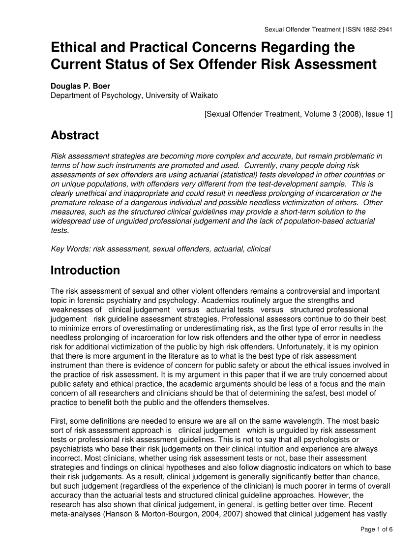 Pdf Ethical And Practical Concerns Regarding The Current Status Of Sex Offender Risk Assessment 6367