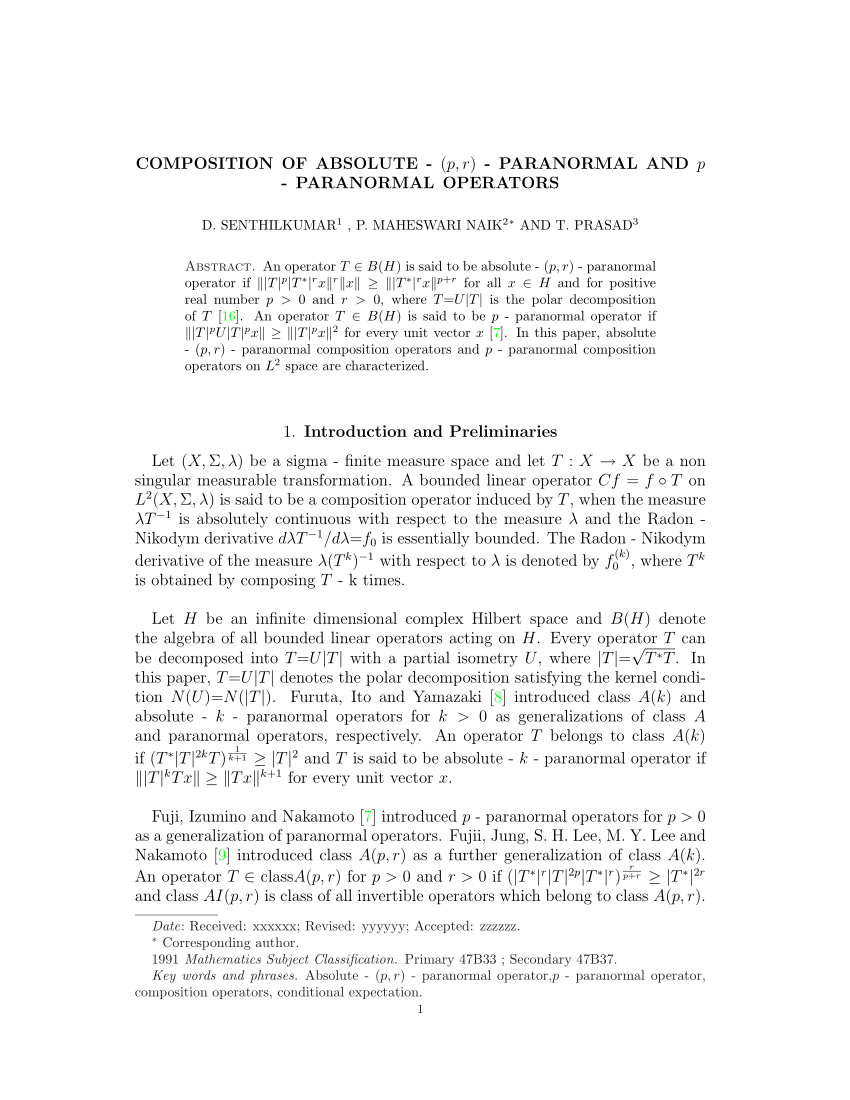 (PDF) Composition of absolute – (p, r) – paranormal and p – paranormal