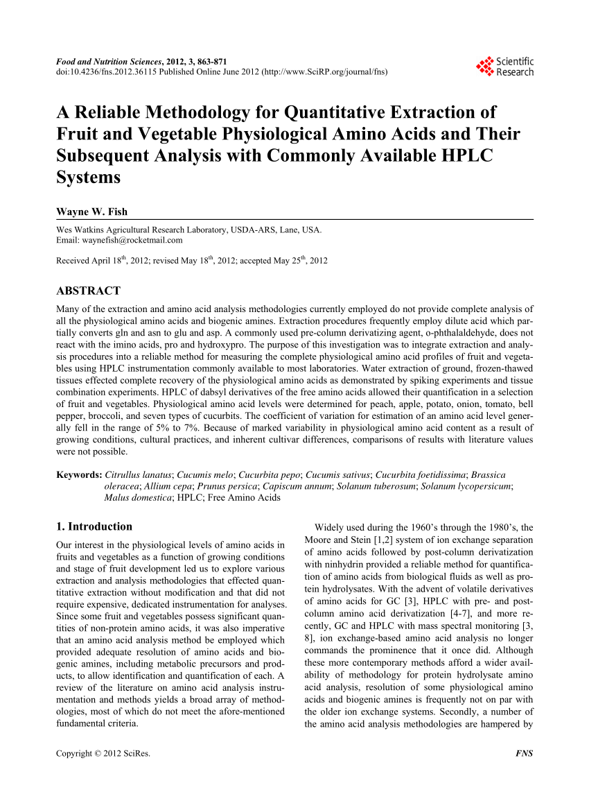 Pdf A Reliable Methodology For Quantitative Extraction Of Fruit And Vegetable Physiological Amino Acids And Their Subsequent Analysis With Commonly Available Hplc Systems
