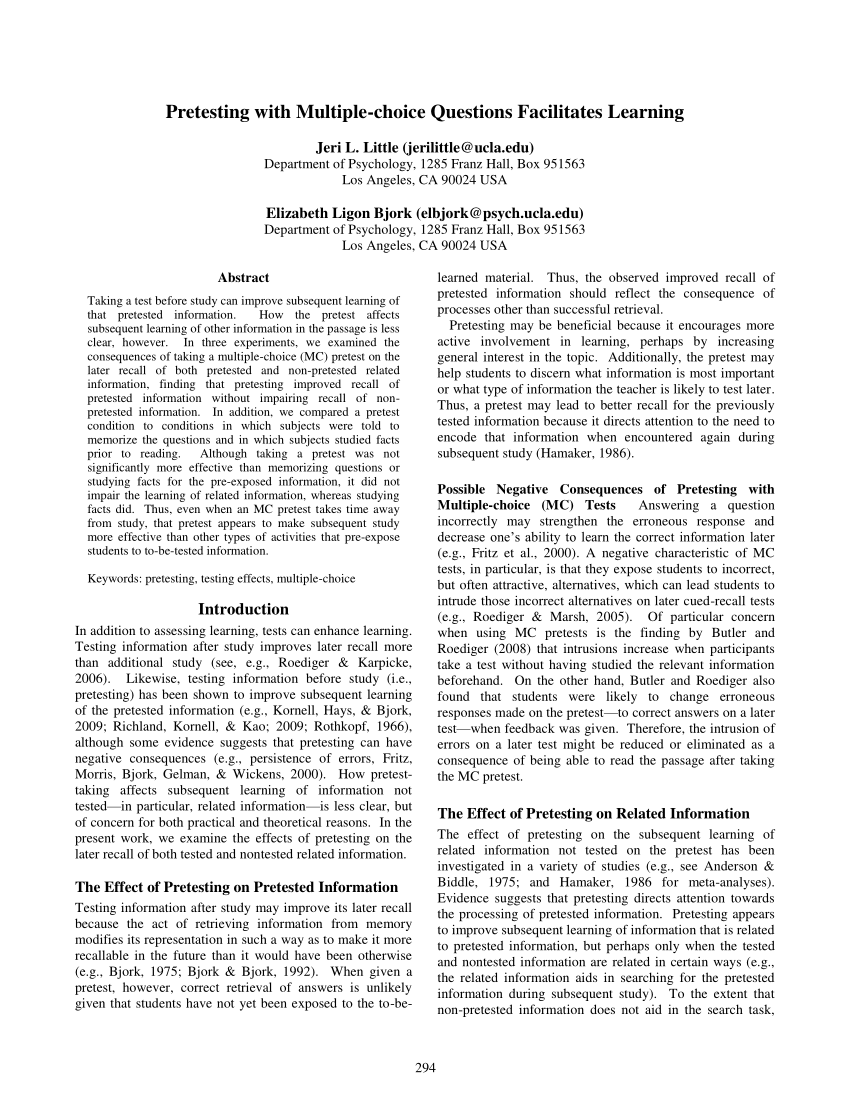 Pdf Pretesting With Multiple Choice Questions Facilitates Learning