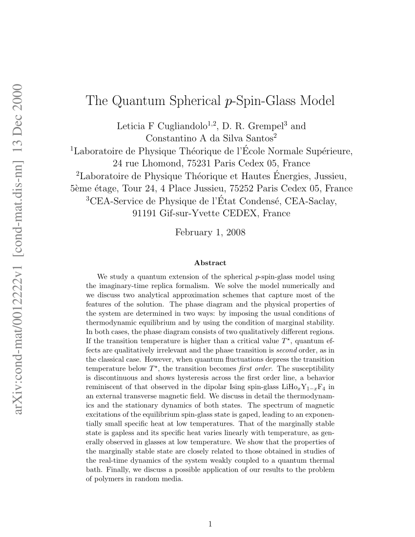 Pdf The Quantum Spherical P Spin Glass Model 4481