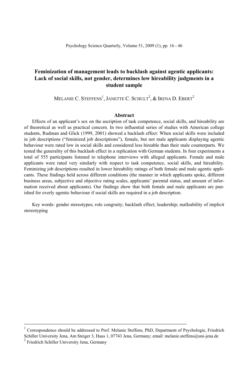 PDF) Feminization of management leads to backlash against agentic applicants Lack of social skills, not gender, determines low hireability judgments in a student sample picture