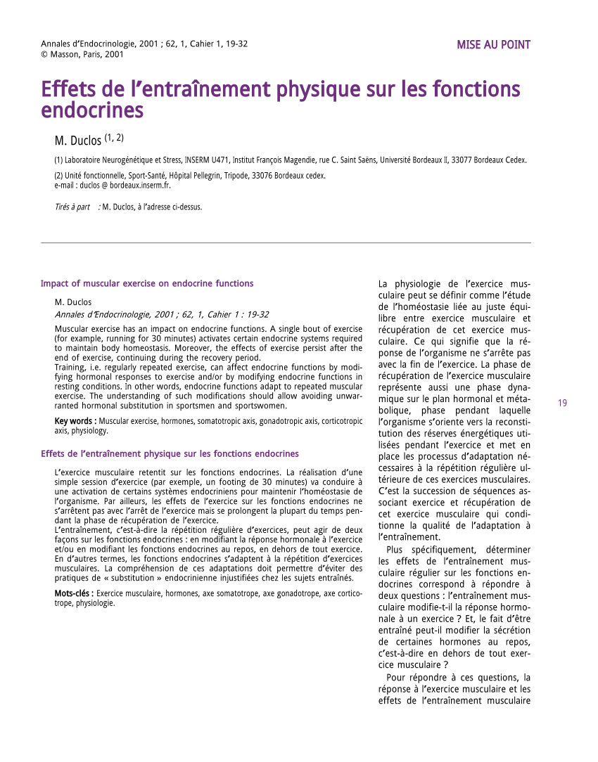 (PDF) Effets de l'entraînement physique sur les fonctions endocrines