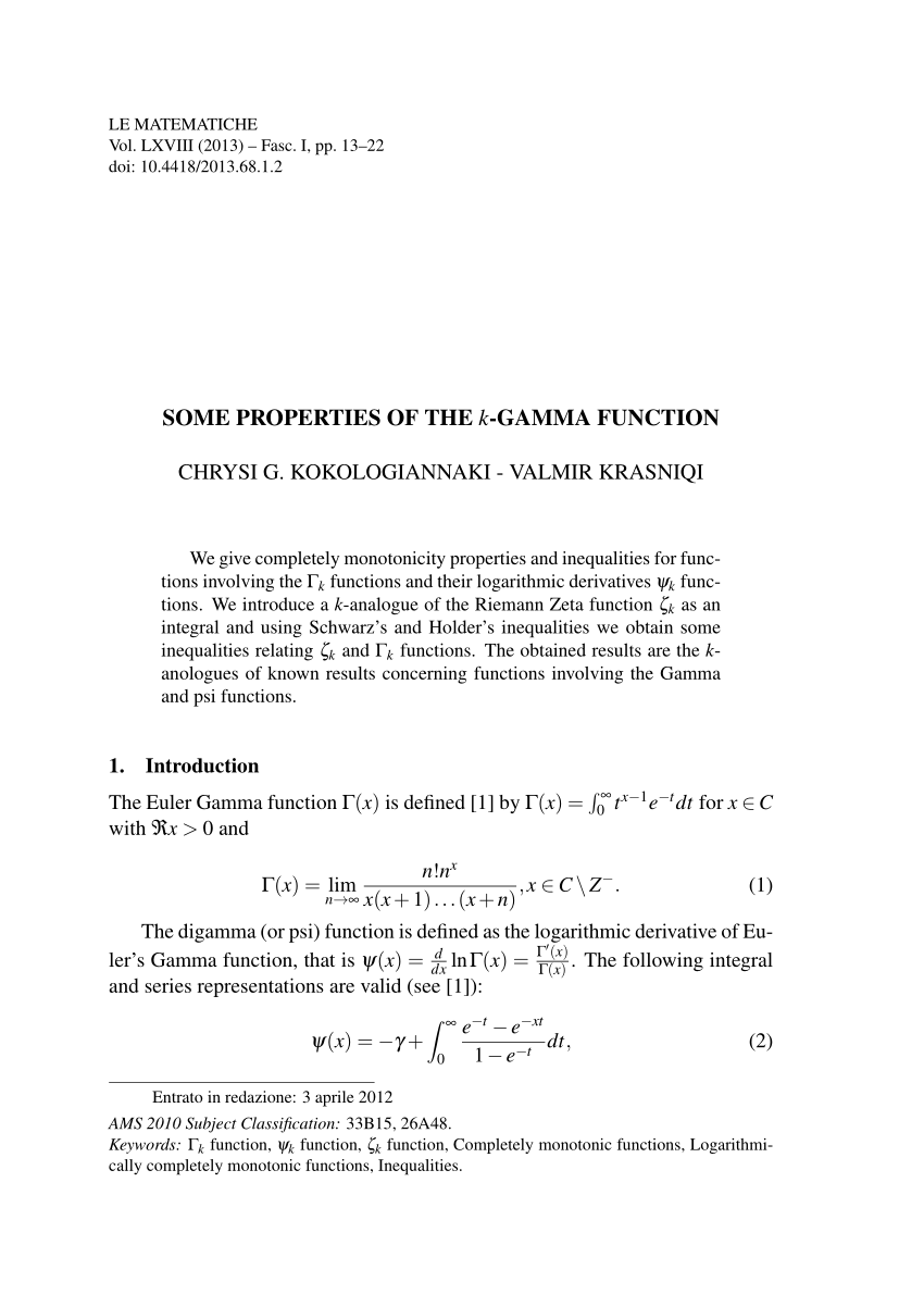 Pdf Some Properties Of The K Gamma Function