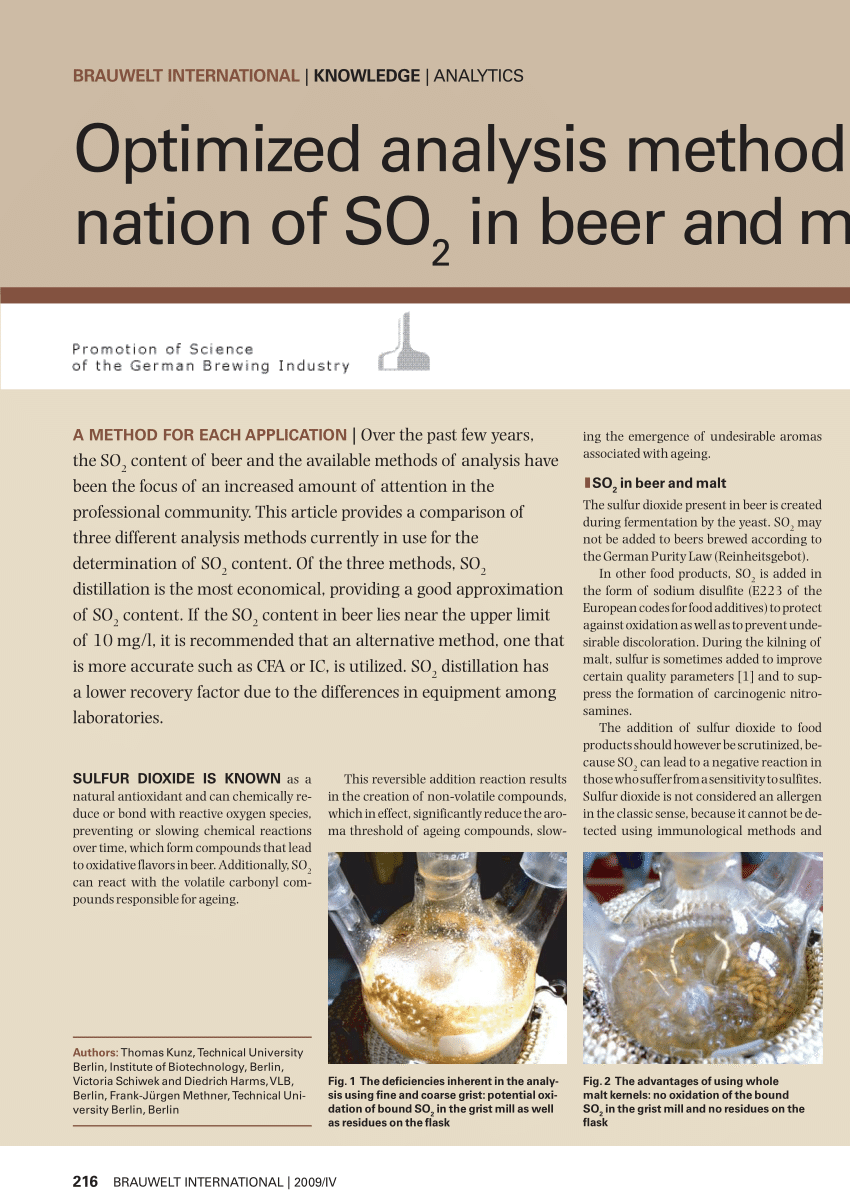 Pdf Optimized Analysis Methods For The Determination Of So2 In Beer And Malt 6903