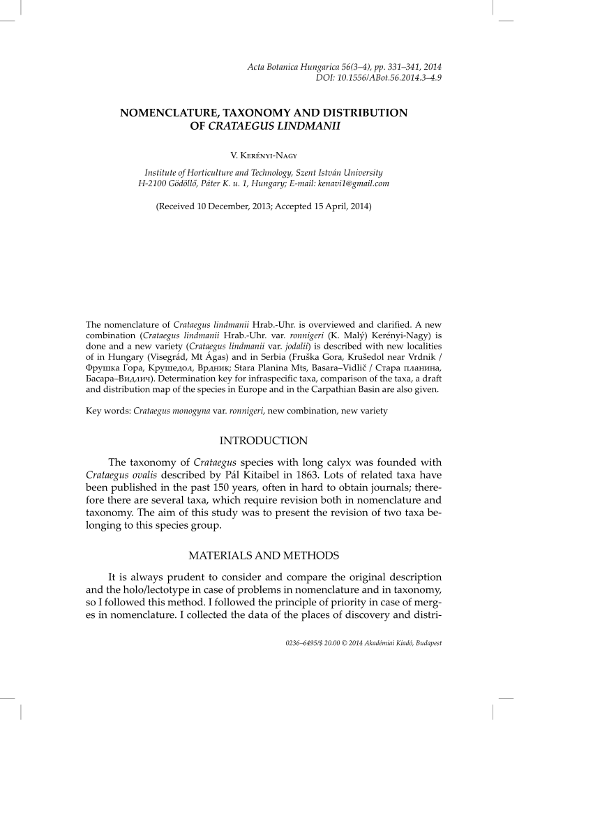 Pdf Nomenclature Taxonomy And Distribution Of Crataegus Lindmanii