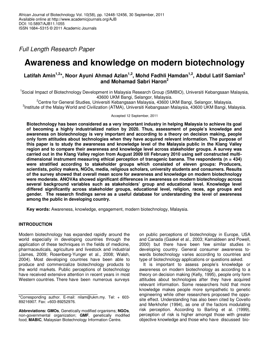 PDF) Awareness and knowledge on modern biotechnology