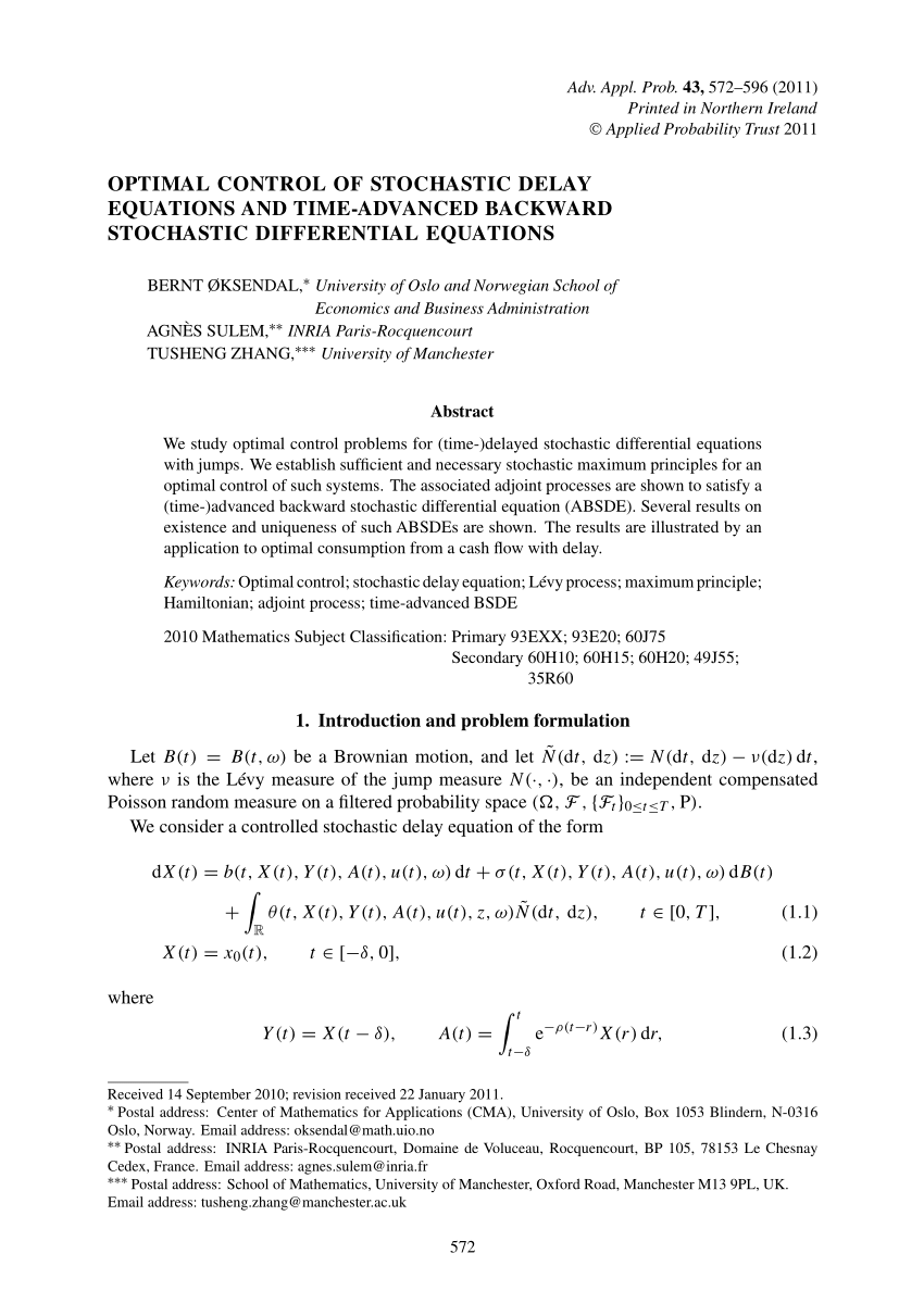 Pdf A Maximum Principle For Optimal Control Of Stochastic Systems With Delay With Applications To Finance