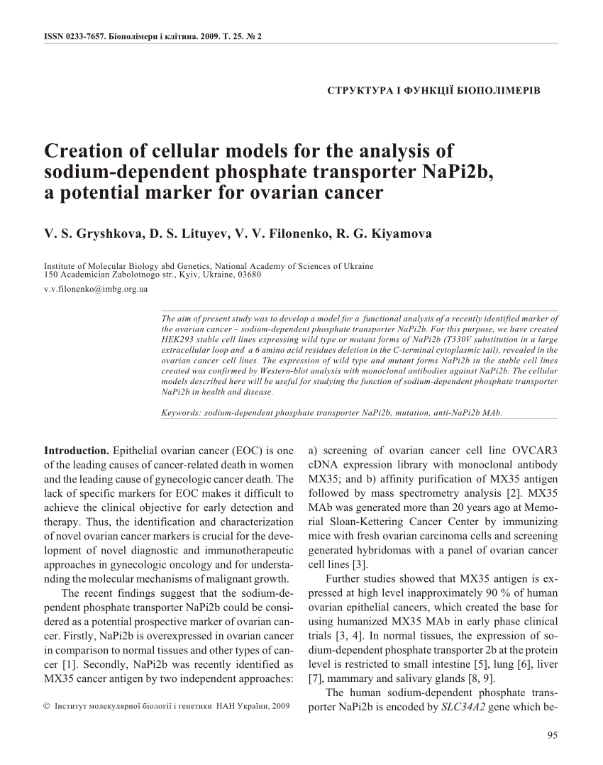 Pdf Creation Of Cellular Models For The Analysis Of Sodium Dependent Phosphate Transporter Napi2b A Potential Marker For Ovarian Cancer