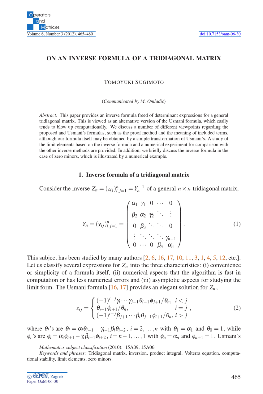 Pdf On An Inverse Formula Of A Tridiagonal Matrix