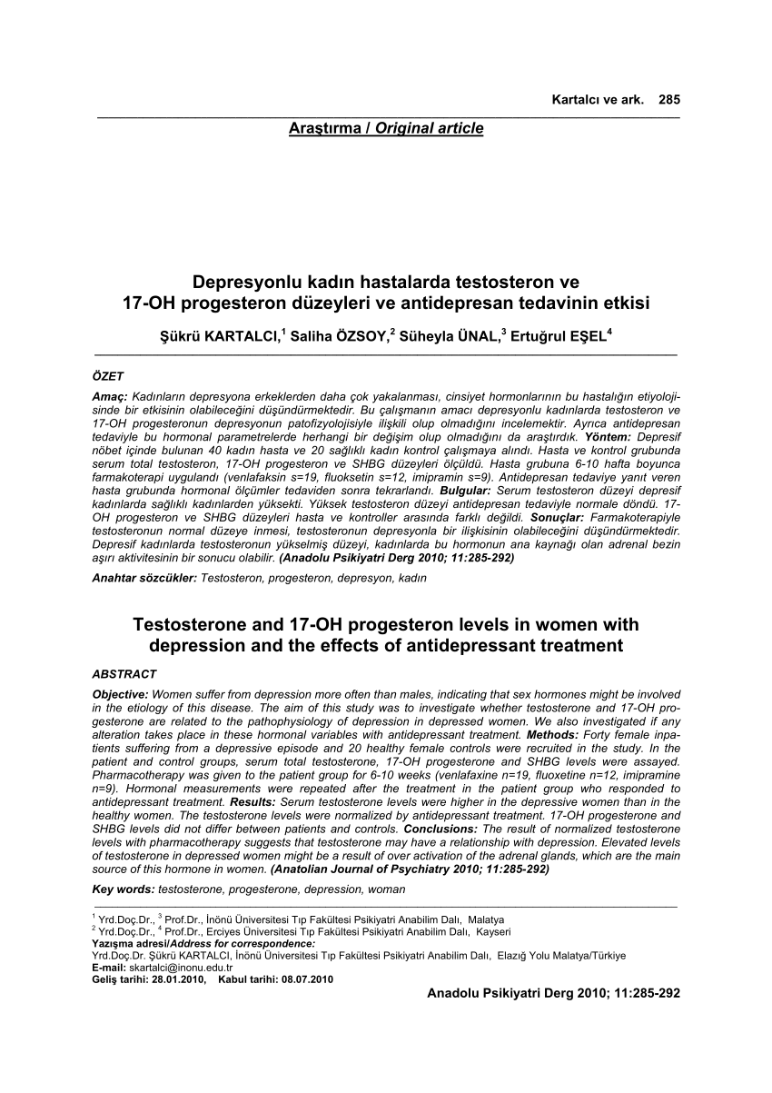 pdf depresyonlu kadin hastalarda testosteron ve 17 oh progesteron duzeyleri ve antidepresan tedavinin etkisi