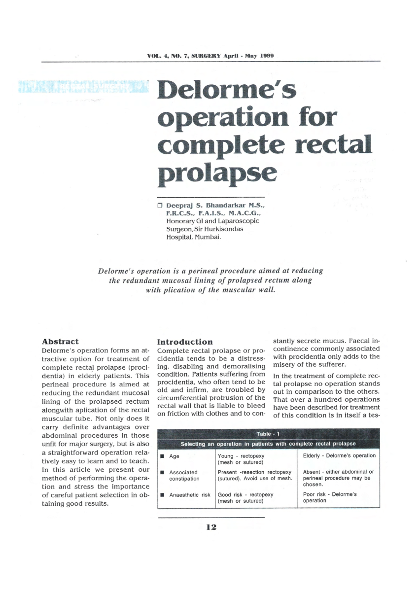 Pdf Delorme S Operation For Complete Rectal Prolapse